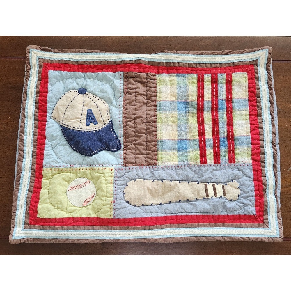 2-Pottery Barn Kids Junior Varsity Quilted Standard Shams Baseball Cap Bat PAIR